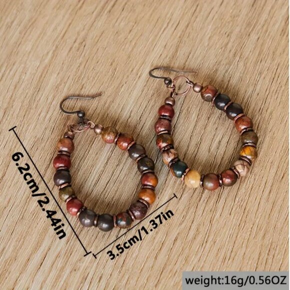 Earth Tone Beaded Oval Drop Dangle Earrings - Picture 3 of 4
